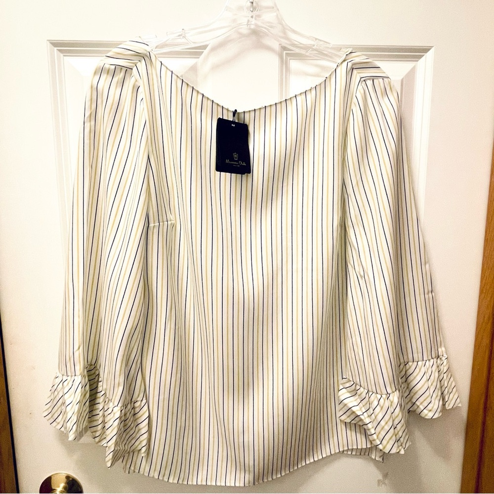 Massimo Dutti Striped Blouse Ruffle Sleeves in Chartreuse White and Blue Size 6